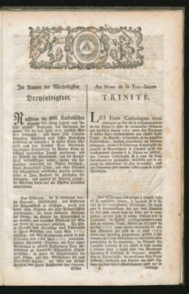 Im Namen der Allerheiligsten Dreyfaltigkeit. = Au Nom de la Très-Sainte Trinité.