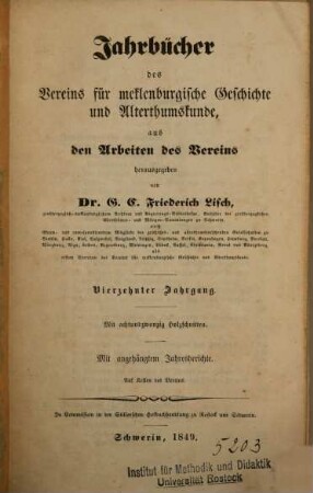 Jahrbücher des Vereins für Mecklenburgische Geschichte und Altertumskunde. 14, 14. 1849