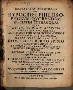 Dissertatio inauguralis De hypocrisi philosophorum quorundam, speciatim Pythagorae