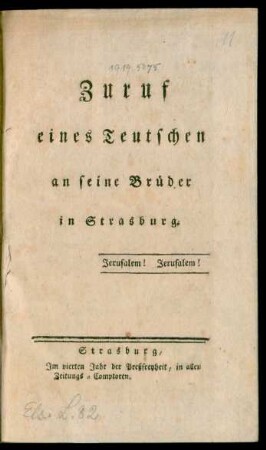 Zuruf eines Teutschen an seine Brüder in Strasburg