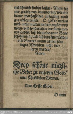 Drey schöne nützliche Gebet zu unserm Gott, einer Christlichen Widwen