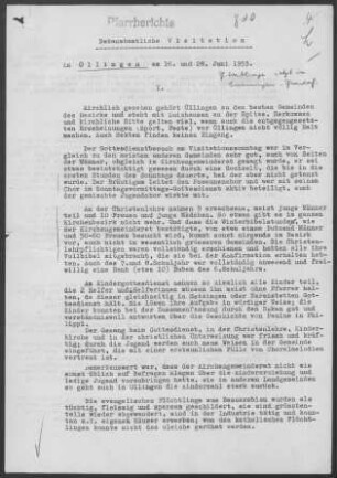 Öllingen: Visitationsbericht mit Pfarrbericht 1953