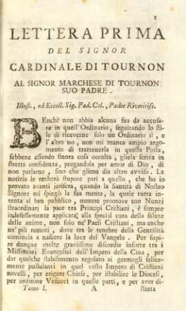 Lettera prima del Signor Cardinale di Tournon al Signor Marchese di Tournon suo padre