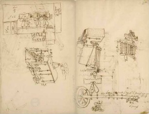 Auf- und Grundrisse von Schmelzöfen, Blasebälgen und Wellbäumen (Tinte, Folio Doppelblatt)