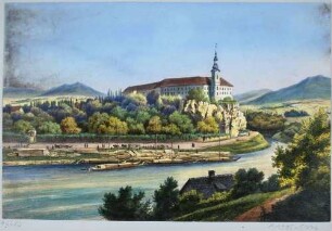 Tetschen an der Elbe in Böhmen (heute Děčín in Tschechien), Blick von Bodenbach über die Elbe auf das Schloss (im 10. Jahrhundert Burg aus Holz, im 16. Jahrhundert Umbau zum Renaissanceschloss)