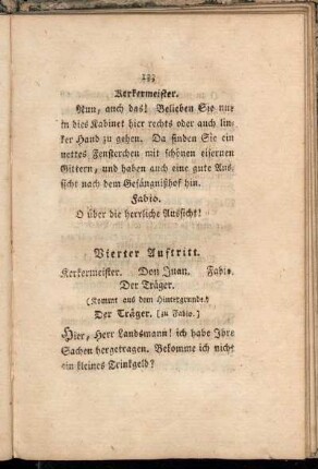 Vierter Auftritt. Kerkermeister. Don Juan. Fabio. Der Träger. [...]