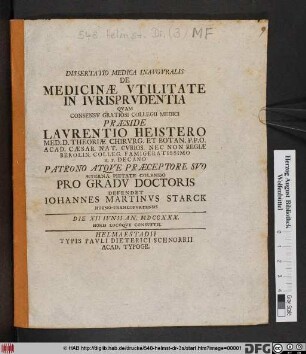 Dissertatio Medica Inavgvralis De Medicinæ Vtilitate In Ivrisprvdentia