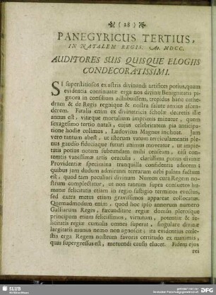 Panegyricus Tertius, In Natalem Regis. Ao. MDCC.