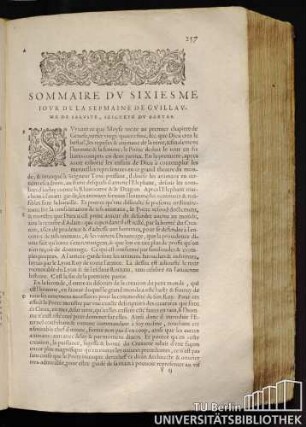 Sommaire Du Sixiesme Iour De La Sepmaine De Guillaume De Saluste, Seigneur Du Bartas.