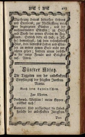 Fünfter Absatz. Die Tagzeiten von der unbefleckten Empfängniß der seligsten Jungfrau Maria.
