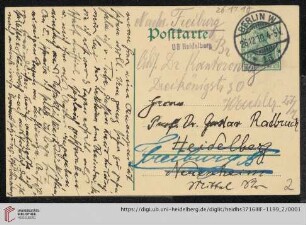 Nachlass Gustav Radbruch. Korrespondenz Theodor Sternberg/Gustav Radbruch: Karte von Theodor Sternberg an Gustav Radbruch