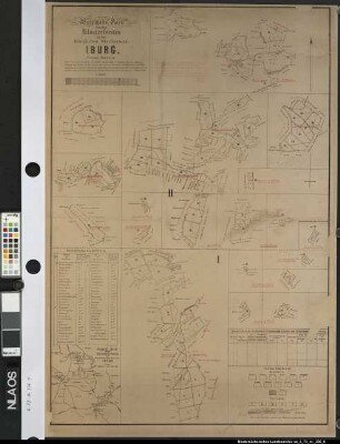 "Wirtschaftskarte von den Klosterforsten in der Kgl. Oberförsterei Iburg" Generalkarte (1 : 100000) und 19 Spezialkarten auf einem Blatt. Verzeichnis der Forstorte mit ihren Distrikts-Nummern. Holzarten mit den Perioden-Ziffern (die erste Periode umfasst die Wirtschaftsjahre 1881 - 1900) (wie K 73 Nr. 335 H, jedoch ohne farbige Bestandsangaben, mit Berichtigungen nach den Grundsteuer-Gemarkungskarten von Heinrich, Zeichner, 1882) Ausf.-Art: Herst.: Format: Maßstab: