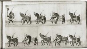 Aufzug zur Fastnacht 1609 in Dresden : Bretschneider, Daniel . Mohren als Pferdeführer. Blatt 9 aus: Abriß und Verzeichnis aller Inventionen und Aufzüge, welche an Fastnachten Anno 1609 im kurfürstlichen Schlosse zu Dresden aufgeführt wurden. Deckfarben; ca. 28,9 x 52,7 cm. Nach 1609. Dresden: SLUB, Handschriftensammlung Mscr.Dresd.J.18