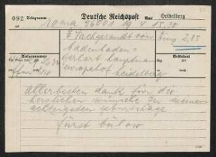 Brief von Gerhart Hauptmann an Hotel Adlon , geschrieben von Elisabeth Beerbohm