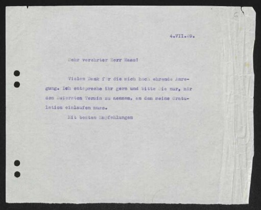 Brief von Gerhart Hauptmann an Willy Haas