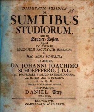 Disputatio juridica De sumptibus studiorum