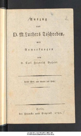 Auszug aus D. M. Luthers Tischreden