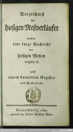 Verzeichniß der hiesigen Meßverkäufer