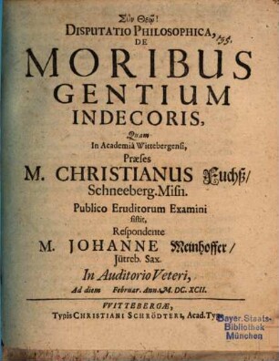 Disp. philos. de moribus gentium indecoris