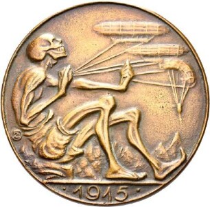 Weltkriegsmedaille von Arnold Zadikow auf den Luftkrieg mit Totentanzmotivik, 1915