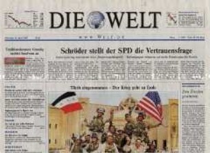 Fragment der Tageszeitung "Die Welt" zur Einnahme von Tikrit (Irak) und zum Sonderparteitag der SPD