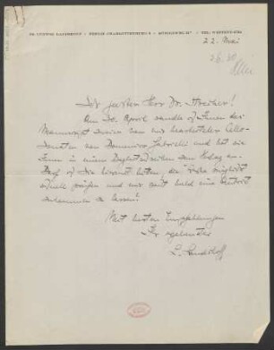 Brief an Ludwig Strecker und B. Schott's Söhne : [Datumsangabe nur "22. Mai". Jahr ergänzt nach Registraturvermerk.]