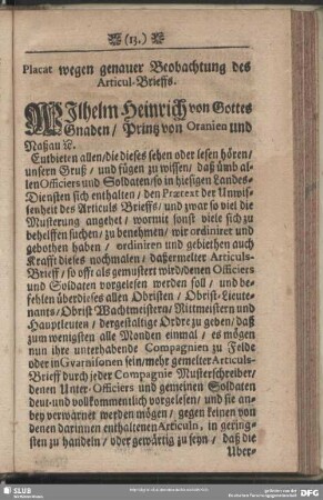 Placat wegen genauer Beobachtung des Articul-Brieffs