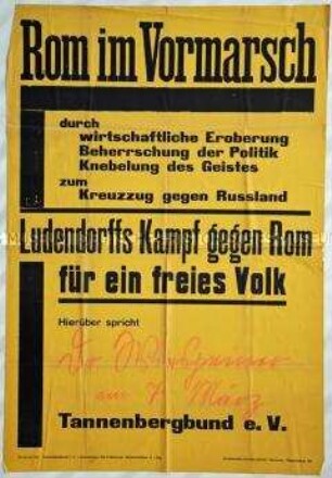 Veranstaltungsplakat des Tannenbergbundes e. V. zu einem Vortrag über Ludendorff's Kampf gegen die Römische Kirche
