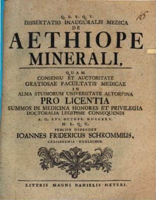 Dissertatio Inauguralis Medica De Aethiope Minerali