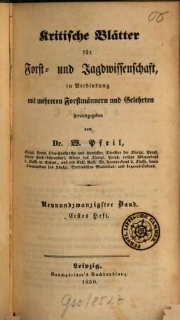 Kritische Blätter für Forst- und Jagdwissenschaft. 29. 1850/51