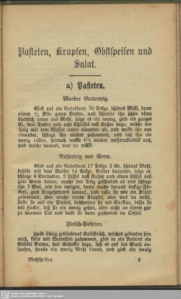 Pasteten, Krapfen, Obstspeisen und Salat