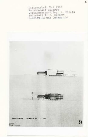 Kunsthandel-Galerie (Diplomarbeit bei Willy Kreuer): Ansicht von Osten und Schnitt 1:200