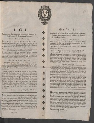 Loi Relative aux Certificats de résidence à fournir par les Porteurs de Brevets de Pensions : Donnée à Paris, le 20 Janvier 1792.