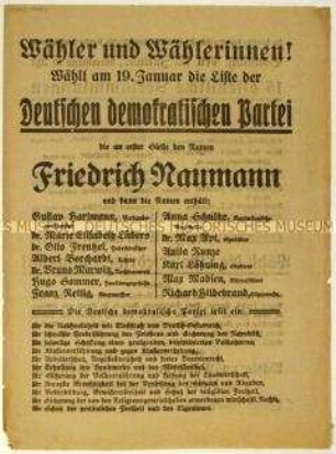Aufruf der Deutschen Demokratischen Partei zu Versammlungen am 12. Januar 1919 in Berlin zur bevorstehenden Wahl der Nationalversammlung