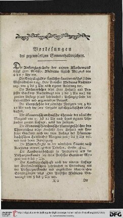 Vorlesungen des gegenwärtigen Sommerhalbenjahres
