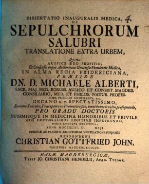 Dissertatio inauguralis medica de sepulchrorum salubri translatione extra urbem
