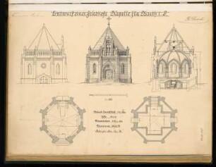 Grabkapelle, Barth Monatskonkurrenz Mai 1900: Grundriss Keller, Erdgeschoss, Aufriss Vorderansicht, Seitenansicht, Querschnitt 1:100; Maßstabsleiste