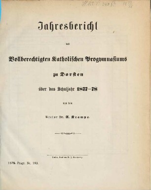 Jahresbericht des Vollberechtigten Katholischen Progymnasiums zu Dorsten : über das Schuljahr ..., 1877/78