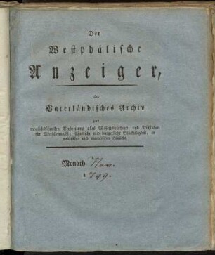 Der Westphälische Anzeiger, oder Vaterländisches Archiv[...]. Monath Nov. 1799.