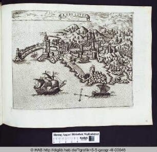 Landkarte mit Stadtansicht von Rodi/Rodos/Rhodes.