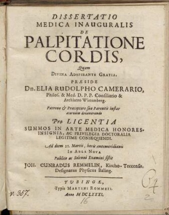 Dissertatio Medica Inauguralis De Palpitatione Cordis