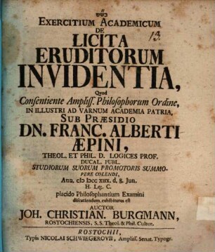 Exercitium Academicum De Licita Eruditorum Invidentia