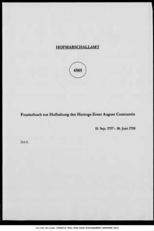 Fourierbuch zur Hofhaltung des Herzogs Ernst August Constantin