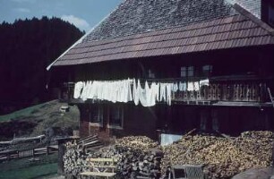 Feldberg-Altglashütten. Traditionelles Wohnhaus mit gestapeltem Brennholz und Wäscheleine