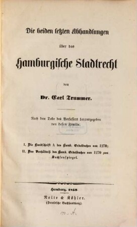 Die beiden letzten Abhandlungen über das Hamburgische Stadtrecht