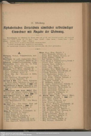IV. Abteilung. Einwohnerverzeichnis : IV. Abteilung. Alphabetisches Verzeichnis der selbständigen Einwohner mit Angabe der Wohnung