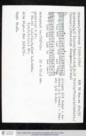 Sinfonia / a / 2 Clarin / Tymp. G. A. H. d. / 2 Violin / Viola / e / Cembalo. / [Incipit] / Christoph Graupner.