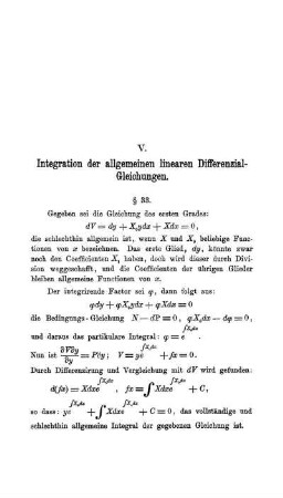 V. Integration der allgemeinen linearen Differenzial-Gleichungen aus partiularen Integralen