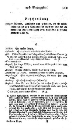 Beschreibung einiger Bäume, Sträuche und Pflanzen, die im nördlichen Theile von Madagaskar wachsen, und die ich gegen das Ende des Jahres 1768 nach Isle de France gebracht habe.