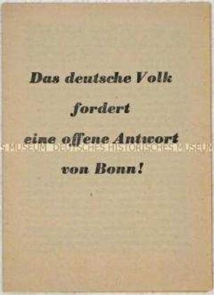 Flugschrift mit der Forderung nach einem Friedensvertrag mit Deutschland